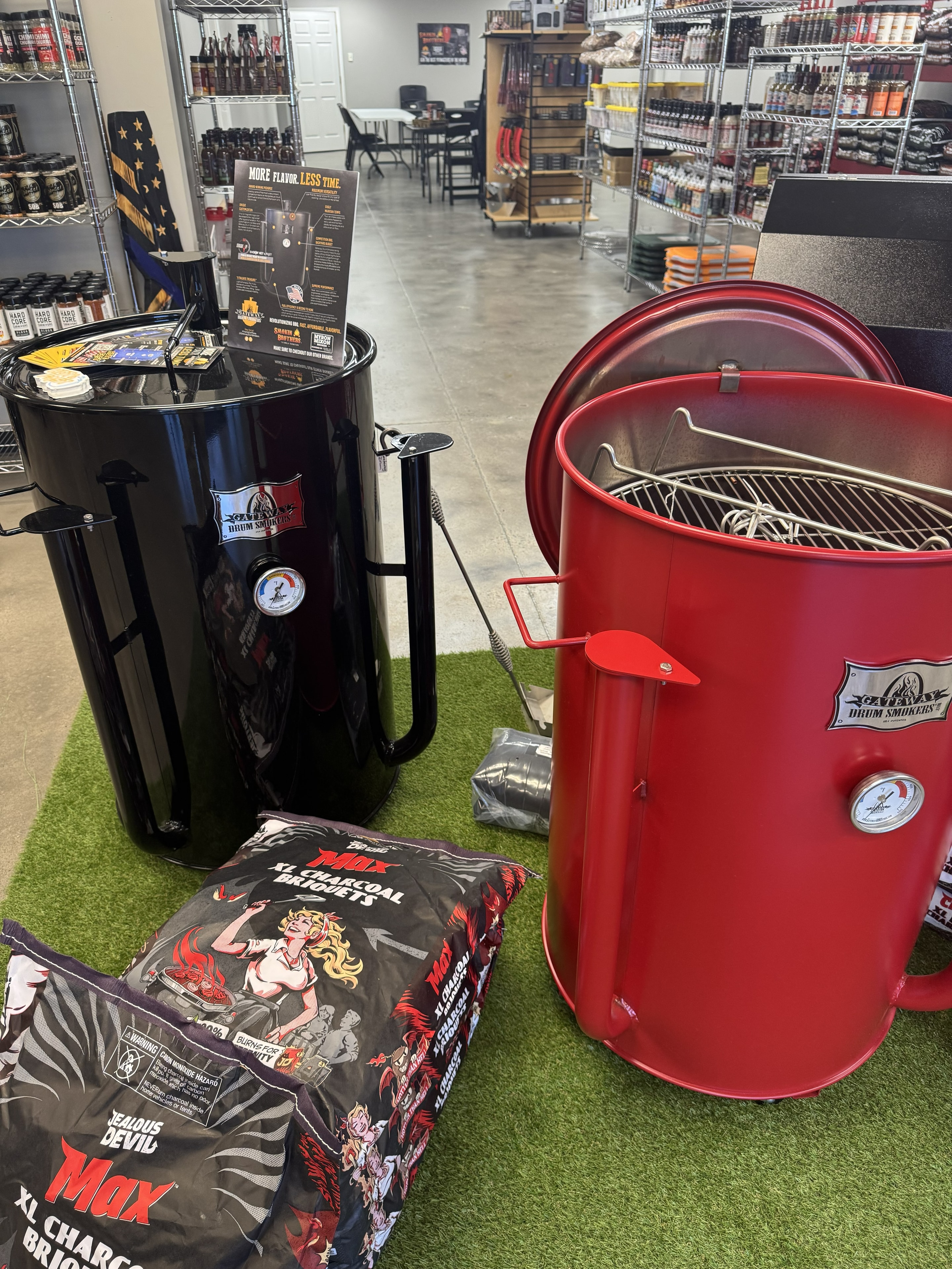 Gateway Drum Smokers and grills on the showroom floor at Conway BBQ Supply