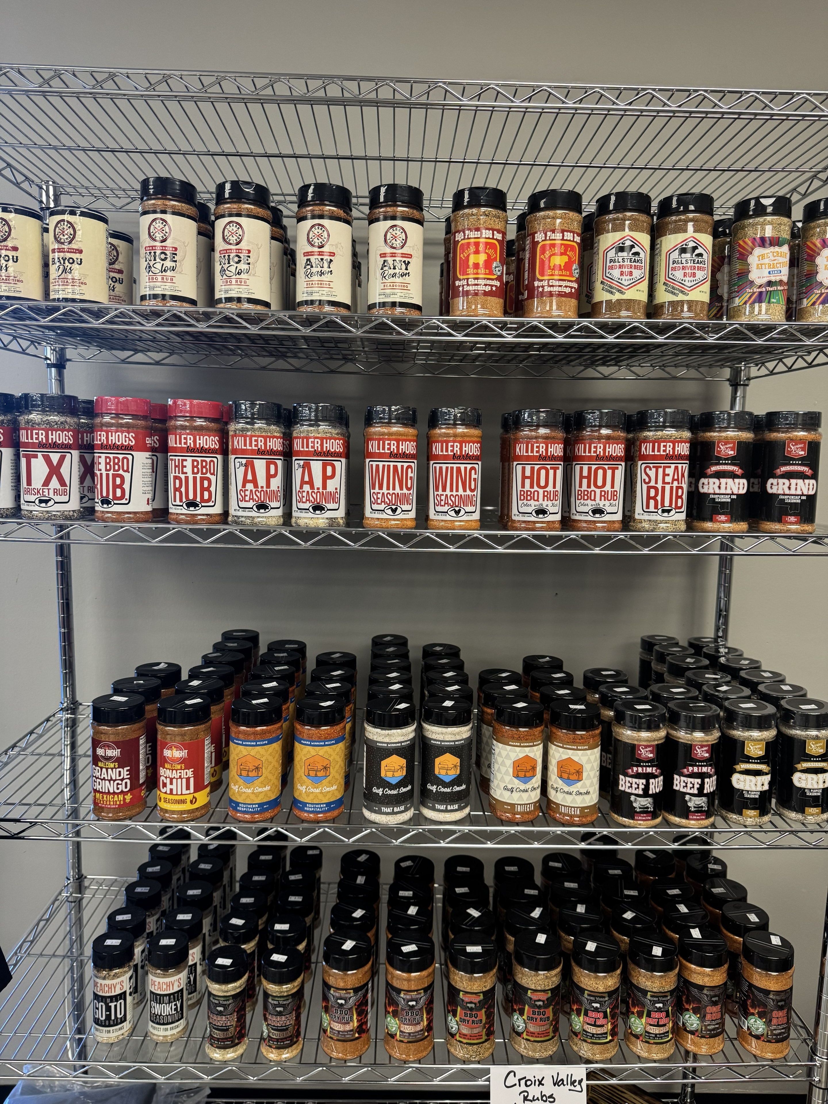 Rubs and seasonings shelf at Conway BBQ Supply